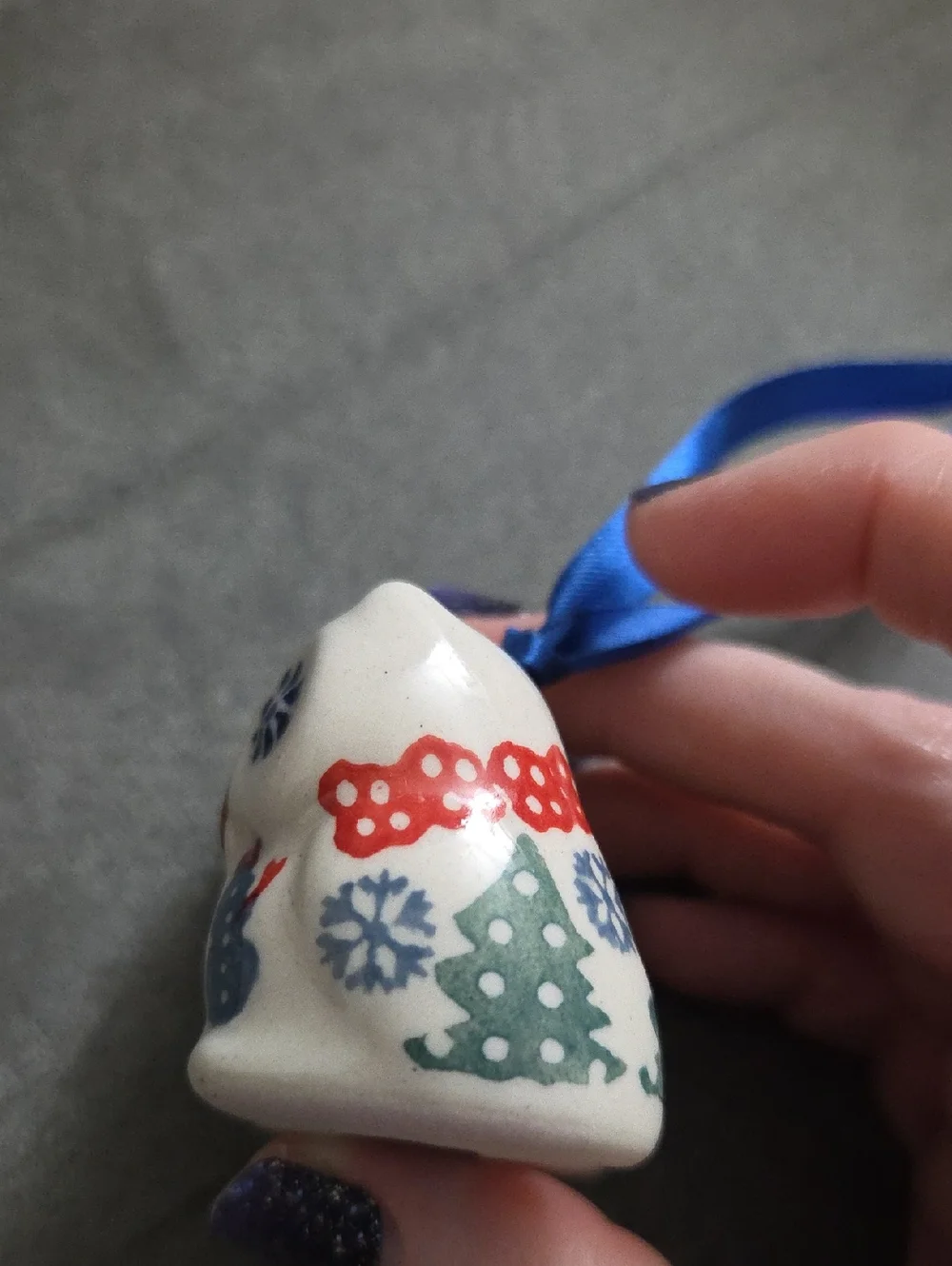 Polish Pottery Owl Holiday Ornament with Blue Ribbon - Picture 3 of 6